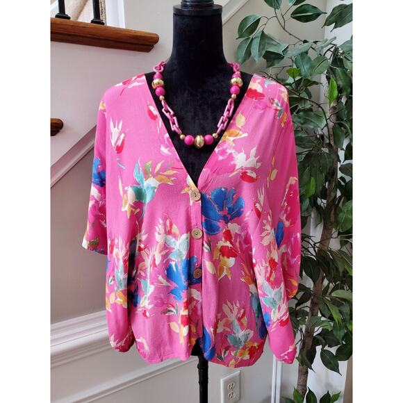 Vici Women Pink 100% Rayon V-Neck 3/4 Sleeve Buttons Front Casual Shirt Size L - Picture 1 of 11